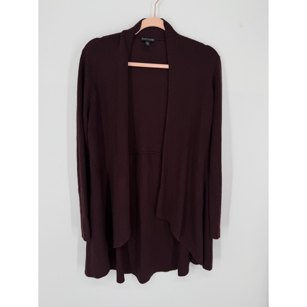 Eileen Fisher Cardigan Womens Small Burgundy Silk Cashmere Ribbed Open Front